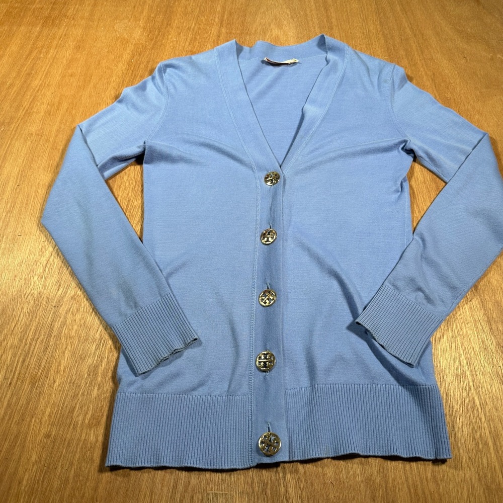Tory Burch Cardigan Womens M Blue Cotton Gold Logo Button V Neck Sweater